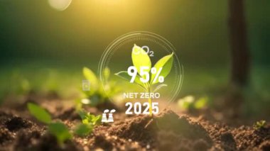 Karbondioksit seviyesindeki gösterge paneli 0 'a düştü. 2050 yılına kadar ağ sıfır emisyonları politika animasyon konsepti, gelecekteki çevre 4K kurumsal video için yeşil yenilenebilir enerji teknolojisi