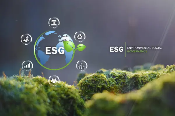 Çevresel Sosyal ve Yönetim (ESG) kavramı. Bir doğa koruma stratejisi geliştirilmesi ve figür simgeleriyle çevre, sosyal ve yönetim sorunlarının çözümü