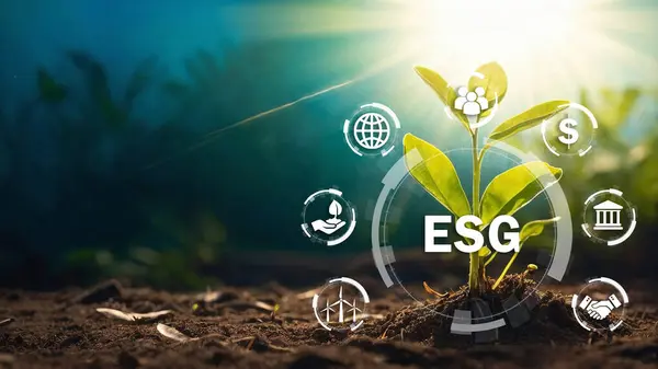 ESG Banner - Çevre, Toplum ve Kurumsal Yönetim Bilgiler afişi, bu şirketin çevre ve sosyal sorunlara olan katkılarını anmak için çağrıda bulunuyor