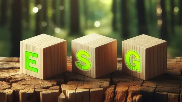 ESG çevre, sosyal ve yönetim kavramı. Sürdürülebilir ve etik bir iş. Çevresinde ESG simgesi ve güzel yeşil arkaplan olan ahşap bir küp. Dünya ortamı