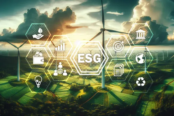 ESG Banner Simgesi Konsepti. Çevre, Toplum ve Ağ ve Örgütsel Bağlantılarda Sürdürülebilir ve Etik İş Yönetimi, Çözüm Bilgi Sancağı