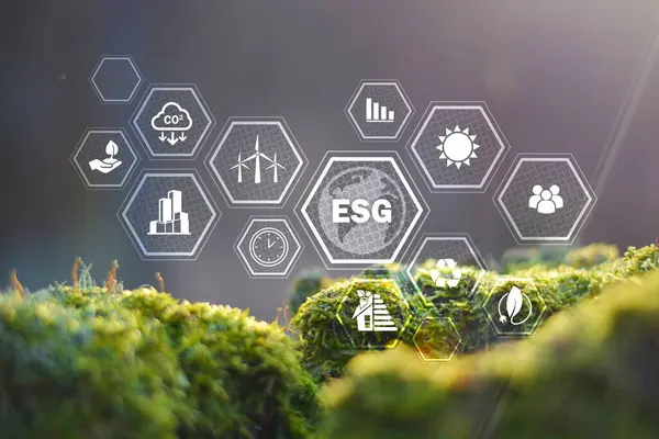 stock image ESG Banner . .Environment, Society and Governance in Sustainable and Ethical Business on Networking and Organizational Connections, Solution Information Banner.