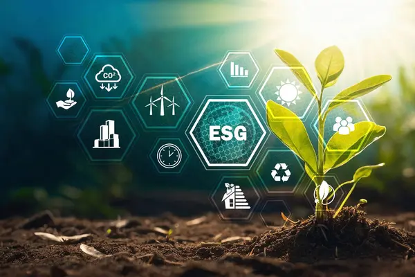 ESG Banner Çevre, Toplum ve Kurumsal Yönetim Bilgiler afişi bu şirketin çevresel ve sosyal sorunlara olan katkılarını anmak için çağrıda bulunuyor.