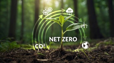 Sıfır, karbon nötr konsept. Net sıfır sera gazı emisyonları hedef 2050. İklim nötr uzun vadeli strateji 2050. Yakın plan yeşil bitki üzerinde sıfır çokgen simge. Görüntü: