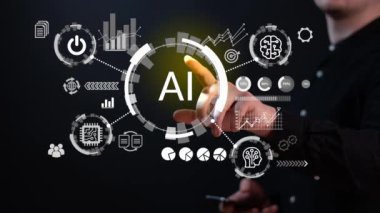 Sanal panele dokunan genç adamla yapay zeka kavramı. Makine öğrenimi, büyük veri ağı ve yenilik. Yeni teknoloji trendleri.