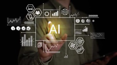 Sanal panele dokunan genç adamla yapay zeka kavramı. Makine öğrenimi, büyük veri ağı ve yenilik. Yeni teknoloji trendleri..