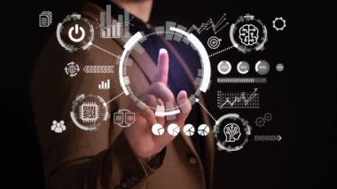 Sanal panele dokunan genç adamla yapay zeka kavramı. Makine öğrenimi, büyük veri ağı ve yenilik. Yeni teknoloji trendleri. Logo için yer.