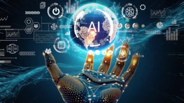 Robot el siyah arka planda sanal ekran 2025 'i gösteriyor. Yapay zeka ve yenilik 2025 yılında. Yeni teknoloji trendleri. iş ve sanayide yenilik ve teknoloji dönüşümü.