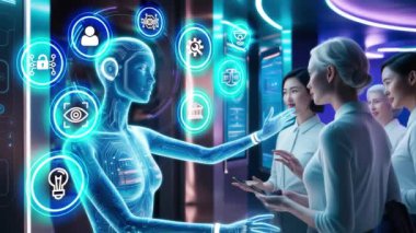 Yapay Zeka Yapay Zeka teknolojisi insan elinin üzerinde. Robot yapay zeka yenilikçi sohbet robotu. Komut oluşturulan yapay zeka, dijital dönüşüm ve gelecekteki teknoloji kavramı....