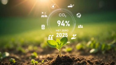 Karbondioksit seviyesindeki gösterge paneli 0 'a düştü. 2050 yılına kadar ağ sıfır emisyon konsepti, ağ sıfır emisyon, 2050, karbon nötr konsept. CO2 azalması. Net sıfır sera gazı. 