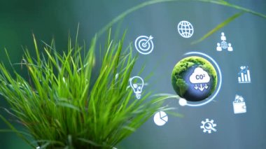  CO2 küresel ısınma ve iklim değişikliğini sınırlamak için emisyonları ve karbon ayak izini azaltır. Yenilenebilir enerjiye dayalı sürdürülebilir kalkınma ve yeşil işletme. Ekoloji konsepti 4k video.