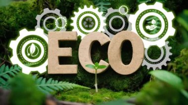 Yeşil Yosun Arkaplanı hakkında ECO Metni... yeşil teknoloji kavramı, alternatif enerji büyümesini gösteren iş sanal dokunmatik ekranı