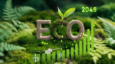 Yeşil Yosun Arkaplanı Eko Metni. ESG, Net Zero.CO2 azalması. Alternatif enerji büyümesini göstermek için yeşil enerji sıfır emisyon karbon CO2 indirgeme grafikleri, iş sanal dokunmatik ekranı.
