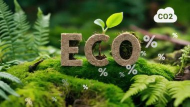 Yeşil Yosun Arkaplanı Eko Metni, Net Zero.CO2 azalması. Alternatif enerji büyümesini gösteren yeşil enerji sıfır emisyon karbon CO2 indirgeme grafikleri, iş sanal dokunmatik ekranı.