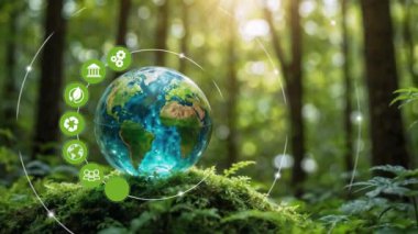 Dairesel ekonomi kavramı. Çevresinde dairesel ekonomi simgesi olan dünya küresi. Yeniden kullanılacak iş ve tasarım büyümesi ve yenilenebilir materyal kaynakları için yuvarlak ekonomi. Logo.3k için yer.