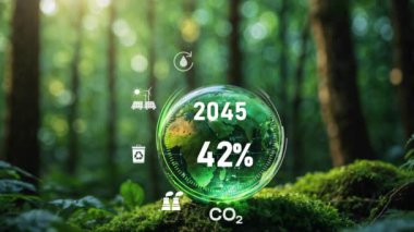  İş dünyasının gelecekteki büyümesi için sürdürülebilir dairesel ekonomi Karbon nötr ve net sıfır çevre iklim nötr uzun vadeli strateji sera hedefleri doğa arka planda zemin merkezleri.