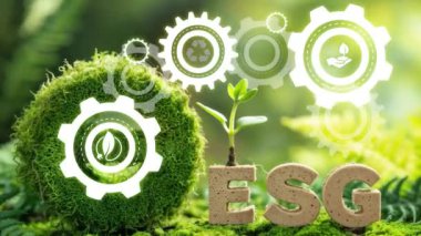 ESG 'nin Yeşil Yosun Arkaplanı, ESG çevre sosyal yönetim yatırım konsepti. Alternatif enerji artışı videosu.