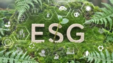  ESG 'nin Yeşil Yosun Arkaplanı, ESG Çevre Çevre Sosyal Yönetim Yatırım Konsepti. Alternatif Enerji Büyümesi Kurumsal Video Videosu.