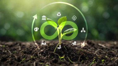 Dairesel ekonomi konsepti. Enerji tüketimi ve CO2 emisyonları artıyor. Mevcut malzeme ve ürünleri mümkün olduğunca paylaşmak, yeniden kullanmak, onarmak, yenilemek ve geri dönüştürmek..