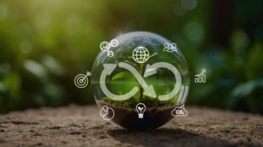 Dairesel ekonomi konsepti. Enerji tüketimi ve CO2 emisyonları artıyor. Mevcut malzeme ve ürünleri mümkün olduğunca paylaşmak, yeniden kullanmak, onarmak, yenilemek ve geri dönüştürmek