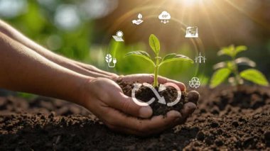 Gelecekte sürdürülebilir iş ve çevre büyümesi kavramında sonsuz dairesel ekonomiye sahip el simgesi..