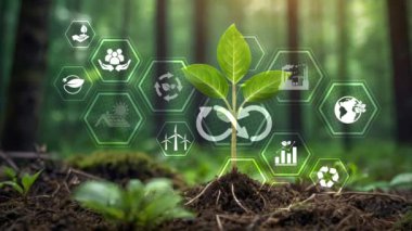 Yeşil doğa arka planı, dairesel ekonomi, sürdürülebilirlik ve sürdürülebilir kalkınma üzerinde dairesel ekonomi simgesi. Yeniden kullanım, yenileme ve geri dönüşüm. Dairesel ekonomi kavramı 4K