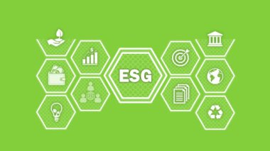 ESG çevresel sosyal yönetim. Yatırım işi konsepti. Yeşil arkaplan 4k videosunda ESG dijital simgeleri izole edildi.