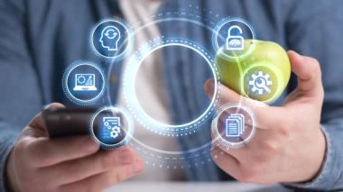  Dijital pazarlama stratejisi ve müşteri hedefleme kavramı. Arayüz pazarlama ve müşteri hedef simgeleri, stratejik planlamayı, izleyici katılımını, iş büyümesini, SEO optimizasyon 4k.