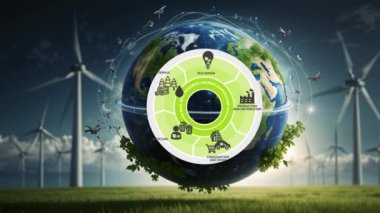 Üretim, ambalaj ve dağıtım, kullanıcı, yaşam sonu, geri dönüşüm ve hammadde üretimi gibi ikonları analiz eden dairesel ekonomi bilgi diyagramı. Ekoloji ve Çevre İlkesi...