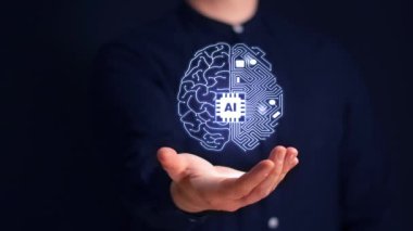 Alet kullanan bir adam. Teknoloji akıllı robot bilimi ve yapay zeka teknolojisi, ve bilgi ve veri çevrimiçi ağına erişim sağlamak için yenilikçi fütüristik ve küresel bağlantı.