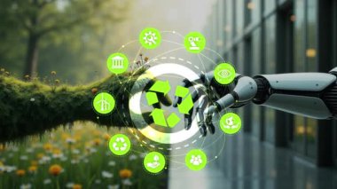 Robot el korumak ve insan el doğa arka planda, ağ bağlantısı üzerinden sanal ortam simgeleri ile tutarak yapay zeka ve teknoloji ekoloji kavramı