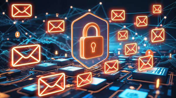 Working on a computer with holograms of phishing alert emails. Cybersecurity concept