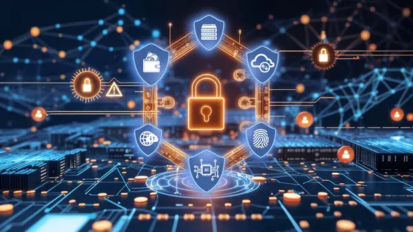 Siber güvenlik ve teknik uyarı veya dolandırıcılık konsepti. Hackerlar otomatik saldırıları, online dolandırıcılığı, suç korsanlığını, siber hırsızlığı, dolandırıcılığı, yapay zekayı, yapay zekayı, robot hacklemeyi otomatik hale getirmek için kullanırlar..