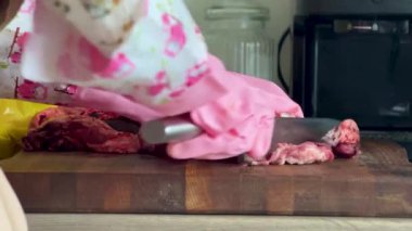 Ev yapımı köpek maması için kesilmiş çiğ et yakın plan..