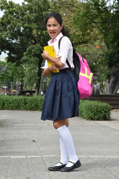 Aranyos Iskolás Lány Harag Visel Egyenruhát Tankönyvek Álló — Stock Fotó