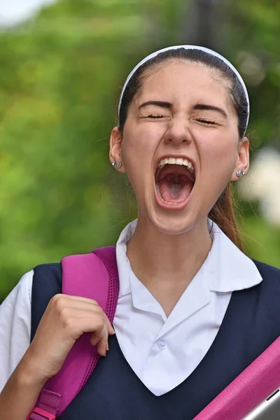 Shouting Catholic Colombian Female Student Books — Stock Photo, Image