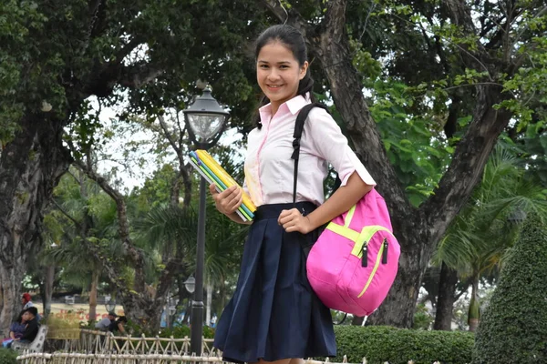Happy Minority Student Teenager School Girl Wearing Skirt Notebooks — Stock Photo, Image