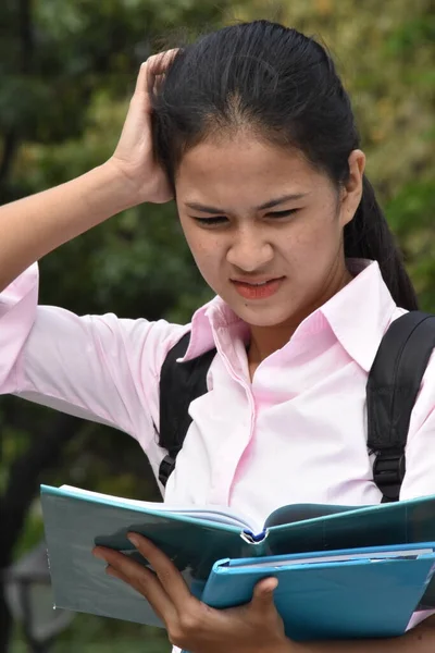 Confused Young Asian Female Student School Books — Stock Photo, Image