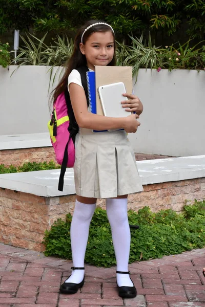 Stressful Youthful Diverse Girl Student Wearing Skirt With Notebooks Standing