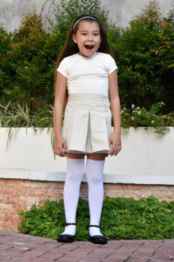 Şaşırmış Güzel Filipinli Kadın Parkta Duran Etek Giyiyor