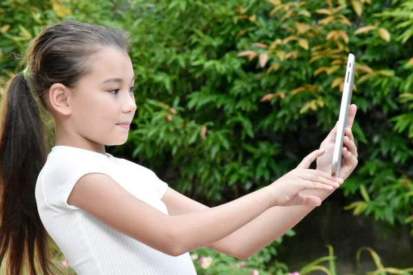 stock image Selfy Of Cute Girl Kids Using Tablet