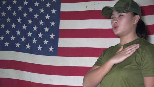 Asian Female Usa Flag Pledge Allegiance — Stock Video