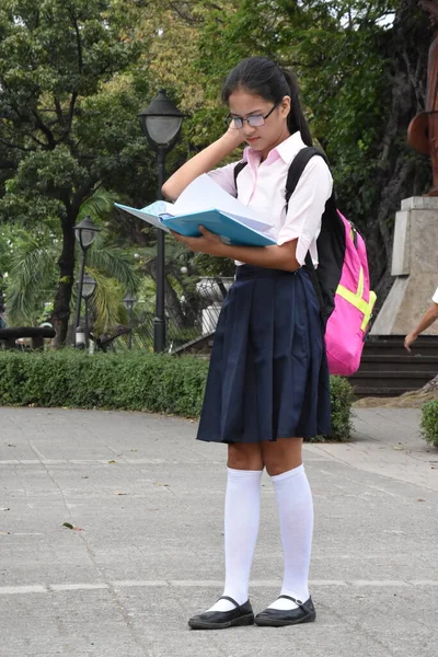 Youthful Asian Female Student Reading Wearing School Uniform With Textbooks Standing