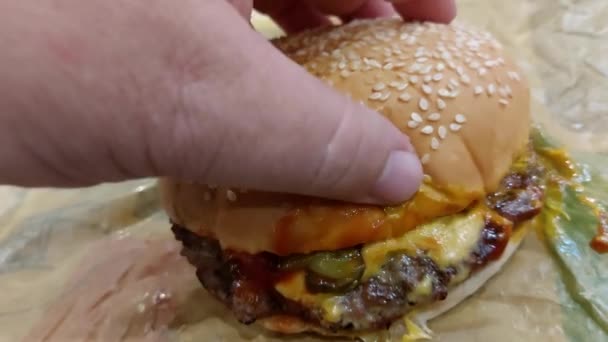 Lifting Bun Cheeseburger Lunch — Stock video