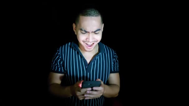 Happy Asian Man Using Cell Phone — Stock Video