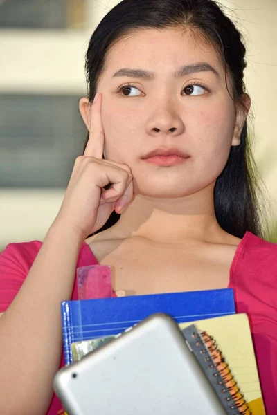 Thinking Young Chinese Female Student Notebooks — Stock Photo, Image