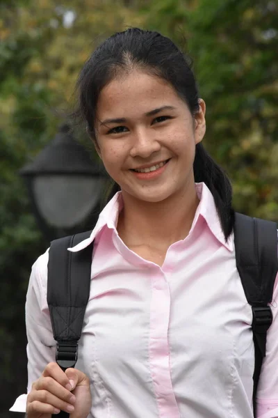 Smiling Youthful Asian Girl Student Wearing Pink Shirt — Stok Foto