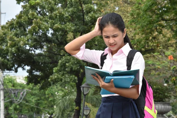 Okul Kitaplarıyla Kafası Karışmış Sevimli Liseli Kız — Stok fotoğraf