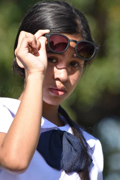 Timid Youthful Minority Teenager Girl Wearing Sunglasses — Stock Photo, Image