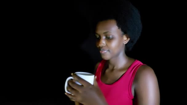 Adult African Woman Holding Coffee Mug Isolated Black — Stock Video